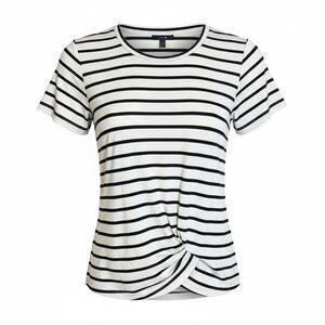 Joe's Chloe Breton Stripe Crossover Front Short Sleeve Knit Top Black White XL